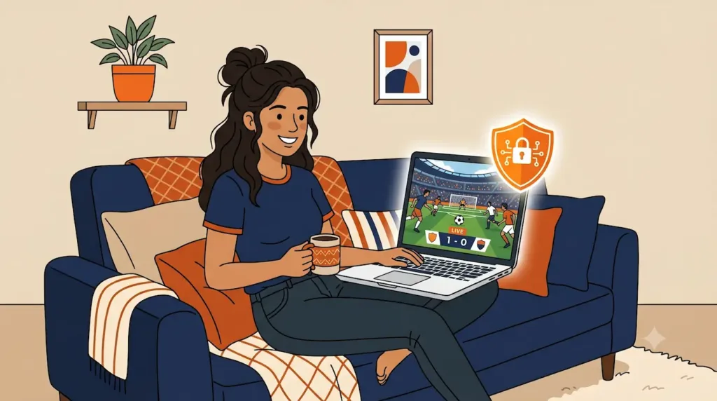 Vpn para ver fútbol - Aficionada del futbol viendo un partido desde su casa usando una vpn